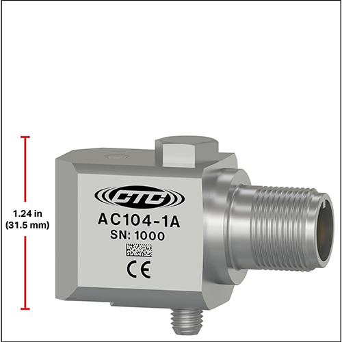 AC104-1A standard size side exit accelerometer with a height dimension of 1.24 inches shown.