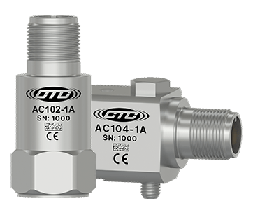 A render of CTC AC102 and AC104 top and side exit standard size accelerometers