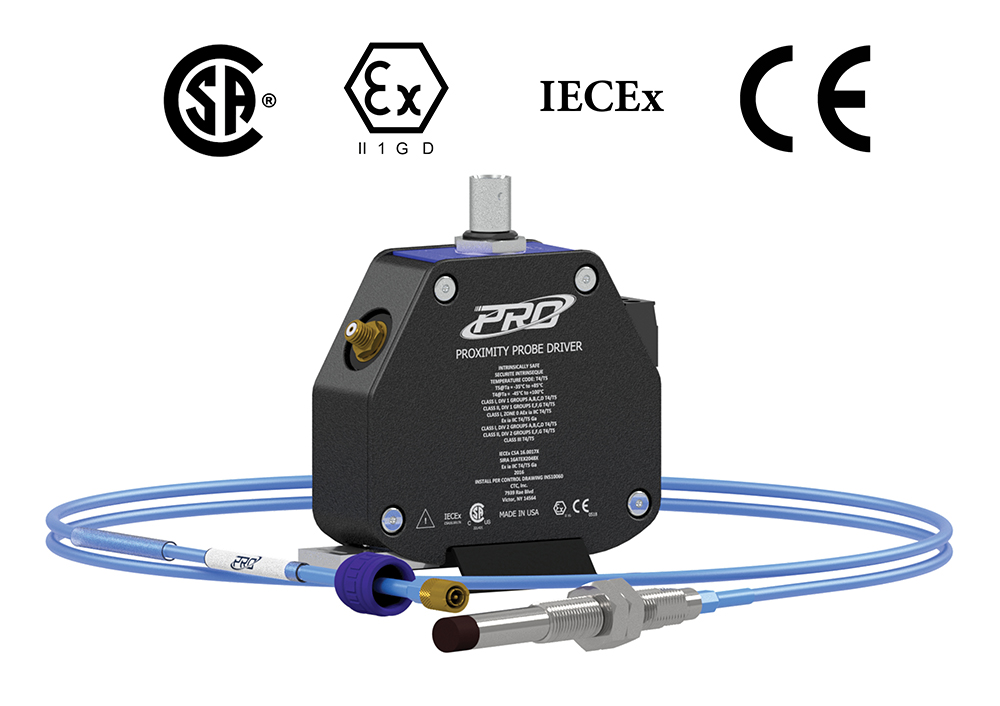 picture of a Hazardous Rated 8-millimeter Proximity Probe Driver with Cable and Probe Tip with CSA, ATEX, IECEx, and CE logos shown above driver.
