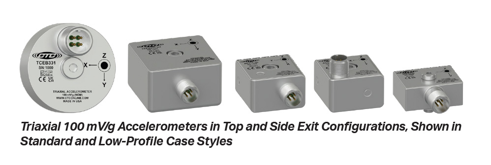 five CTC triaxial sensors for condition monitoring, in top and side exit configurations, lined up from largest (on left) to smallest (on right).