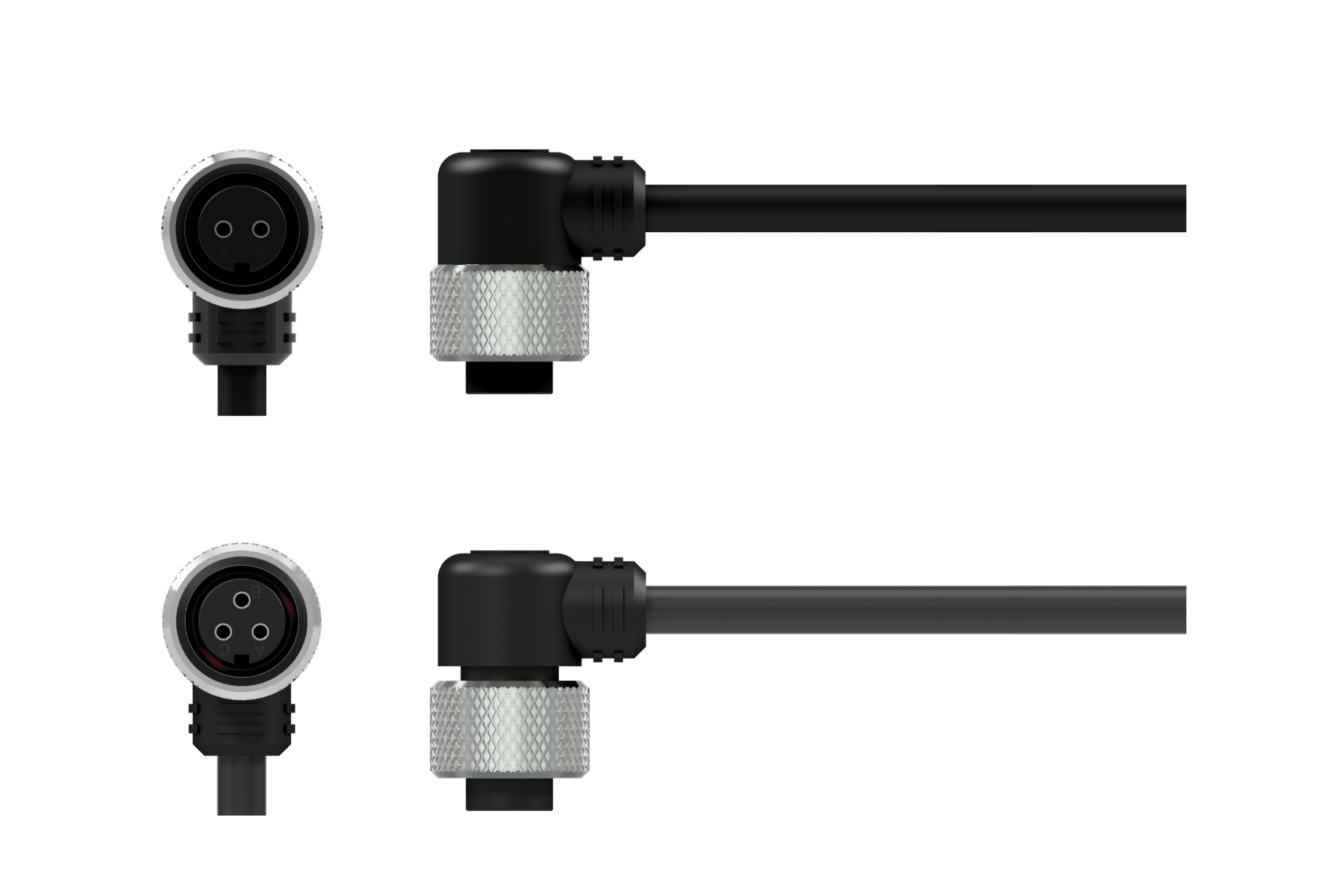 A render of a front and side view of an A2Y and A3Y right-angle connector