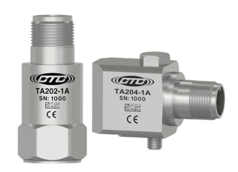 Standard size, top exit TA202 Vibration Monitoring Sensor next to a Standard size, side exit TA204 Vibration Monitoring Sensor