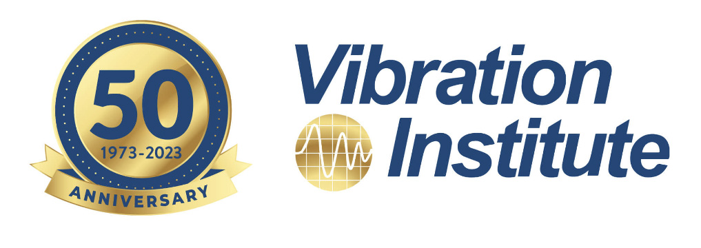 Navy blue and gold Vibration Institute logo with 50th Anniversary badge