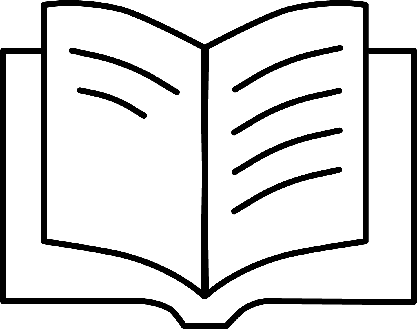 black and white line drawing of an open book with text on the pages