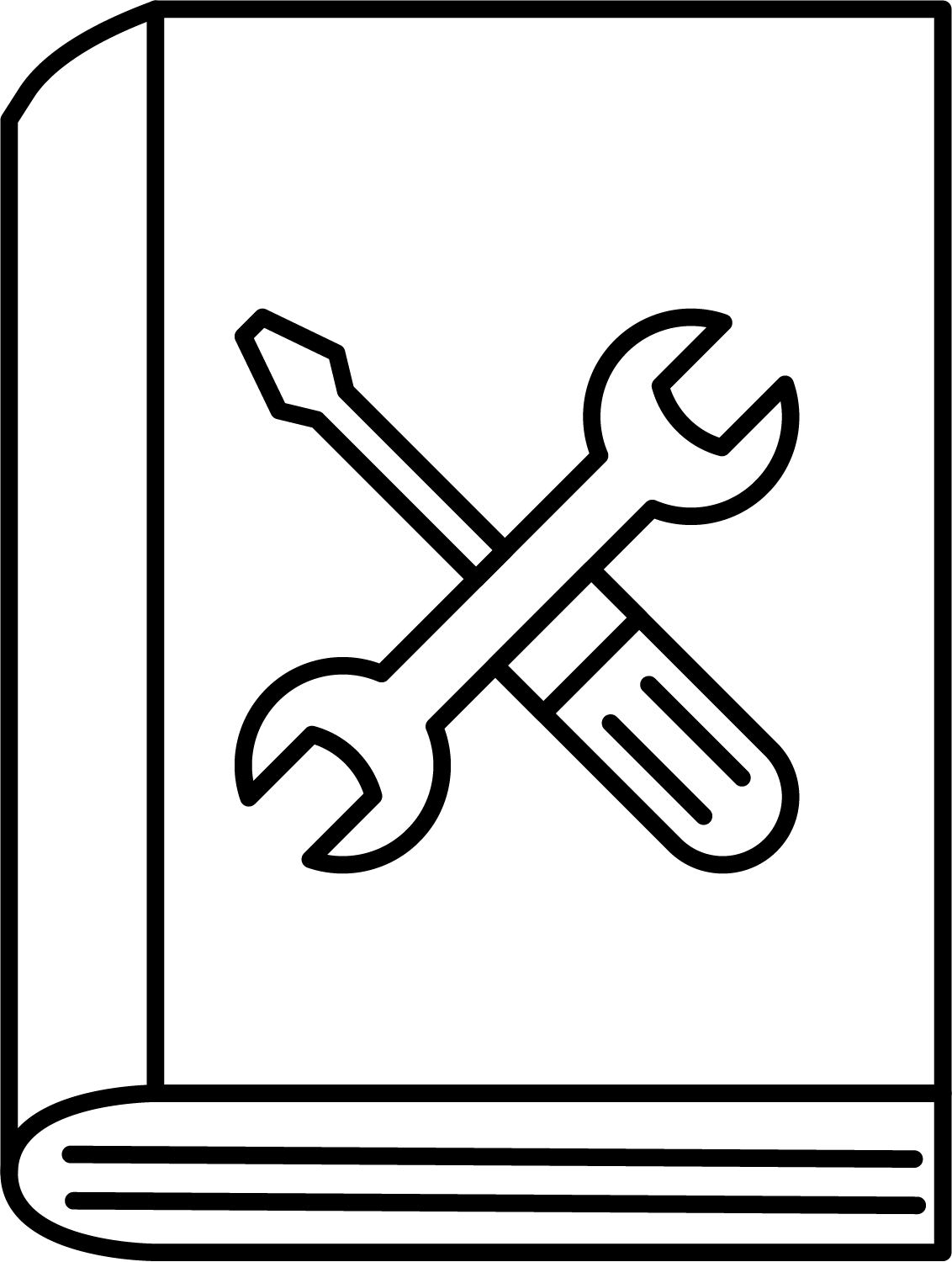 black and white line drawing of a closed book with a crossed screwdriver and wrench on the cover