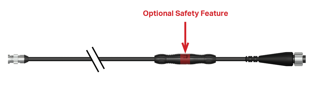 A render of CTC CB103 straight cable with F connector, breakaway safety feature connector, and K2C connector