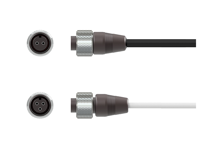 A front and side view of a black PPS, two-socket A2R connector with stainless steel locking ring above a front and side view of a black PPS, three-socket A3R connector.