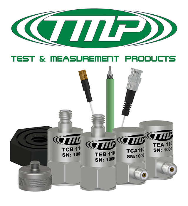 Green TMP logo with Text &amp; Measurement tagline, shown above a collage of TMP top and side exit sensors and mounting hardware.