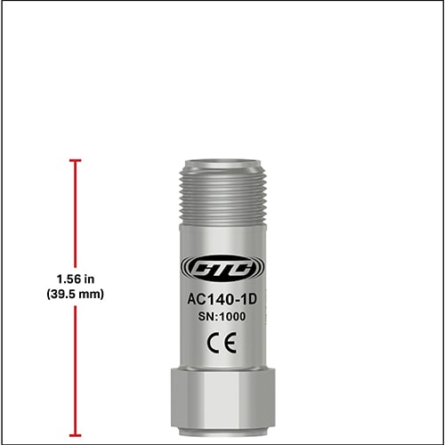 A CTC mini size top exit accelerometer next to a red measurement line showing a height of 1.56 inches (39.5 millimeters)