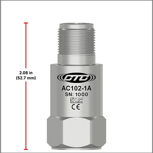 AC102-1A standard size top exit accelerometer with a height dimension of 2.08 inches shown.