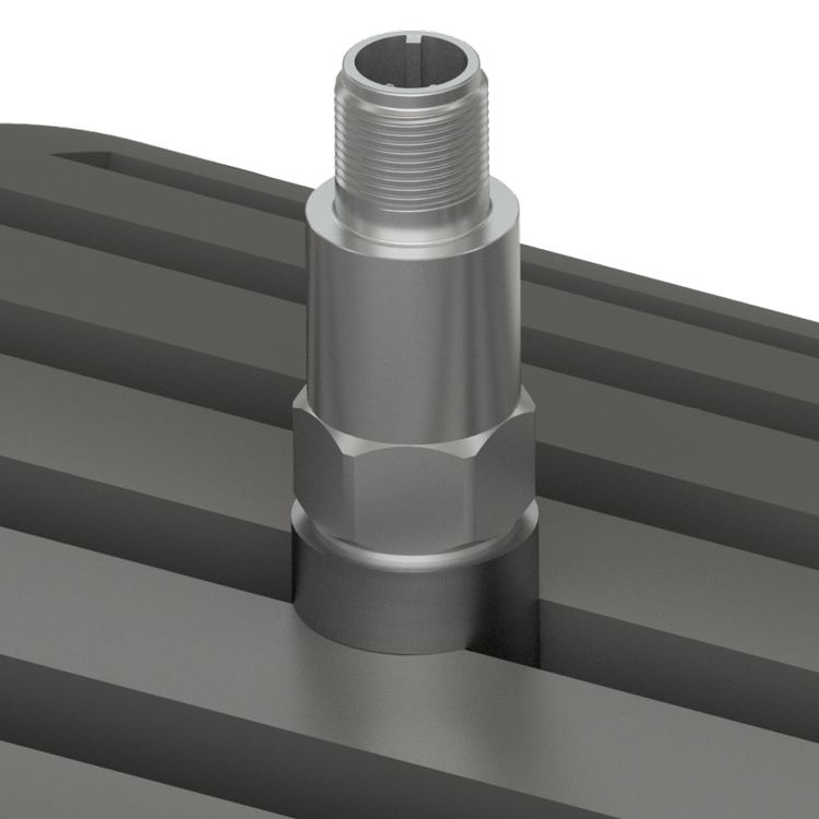Close-up of a standard size, top exit accelerometer mounted on a motor with a motor fin mount pad.