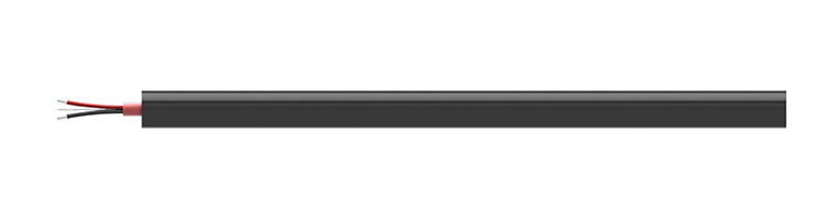 A segment of a CB502 black hydraulic hose jacketed cable with two conductor wires (red, black) and a drain wire showing on the left side of the cable.