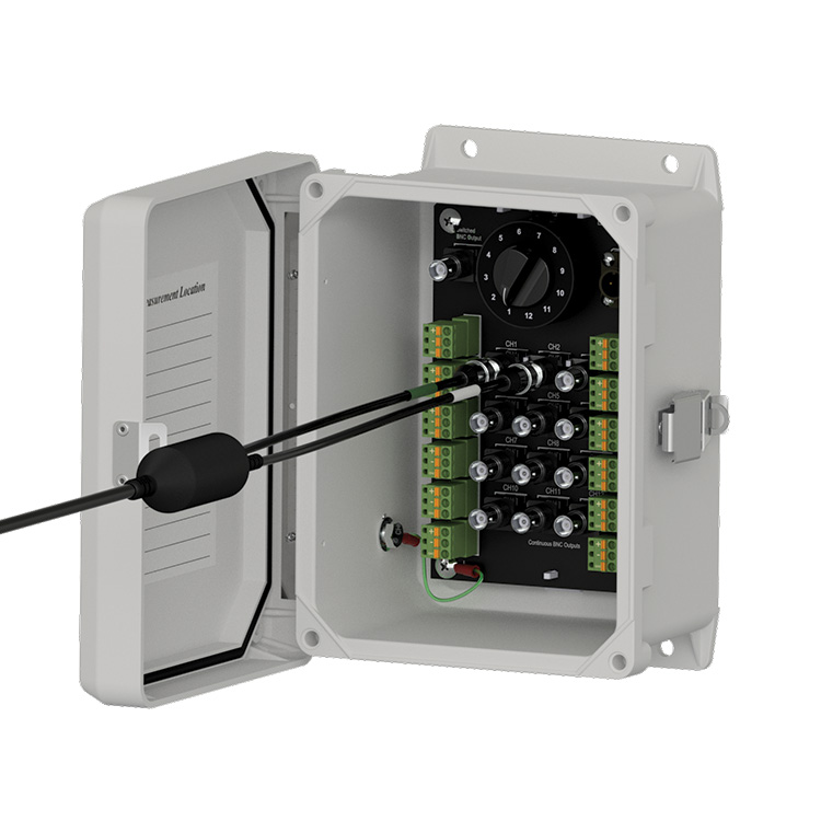 SB152 fiberglass switch box with open front showing a F2DB BNC connector attached