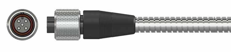 A side view and face-on view of a CTC M4TR2 industrial connector on a cable with a stainless steel braided armor jacket.