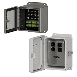 A stainless steel MX200 Series BNC connection box shown above a fiberglass MX300 series BNC connection box.