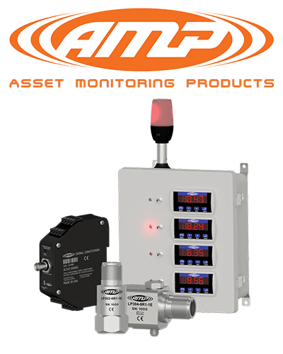 Orange AMP Line logo with Asset Monitoring Products tag line above renders of AMP Line 4-20mA sensors, signal conditioner, and enclosure.