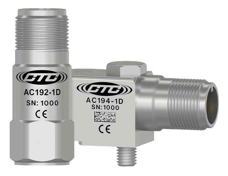 A render of CTC AC192 compact top exit accelerometer and AC194 compact side exit accelerometer