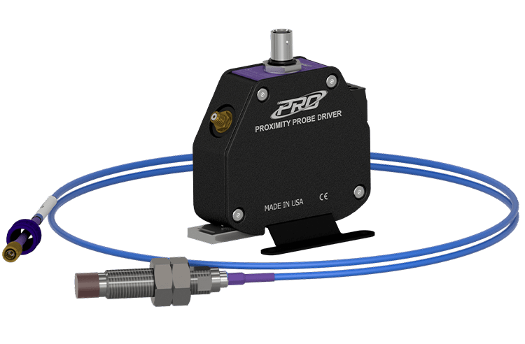 A render of a CTC PRO Line proximity probe, driver, and extension cable.