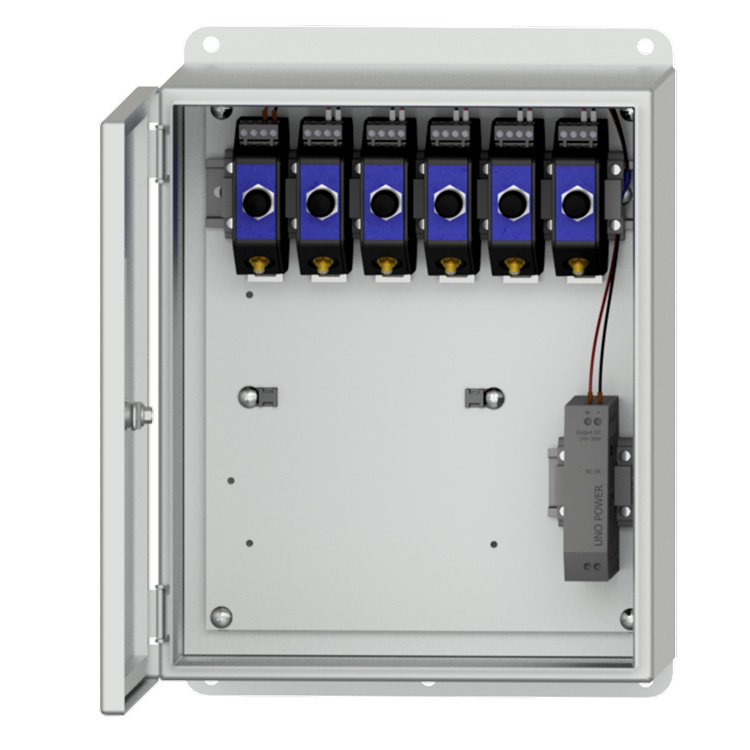 image of an open PXE250P stainless steel enclosure with 6 mounted drivers and a 24V power supply.