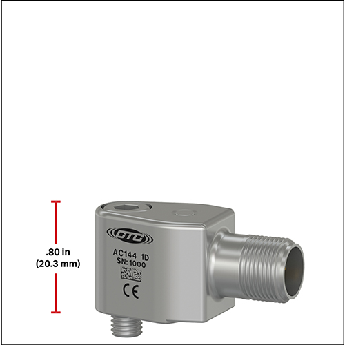 AC144-1D mini size side exit accelerometer with a height dimension of 0.80 inches shown.