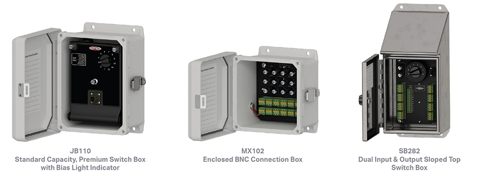 open views of various size junction boxes in stainless steel and fiberglass