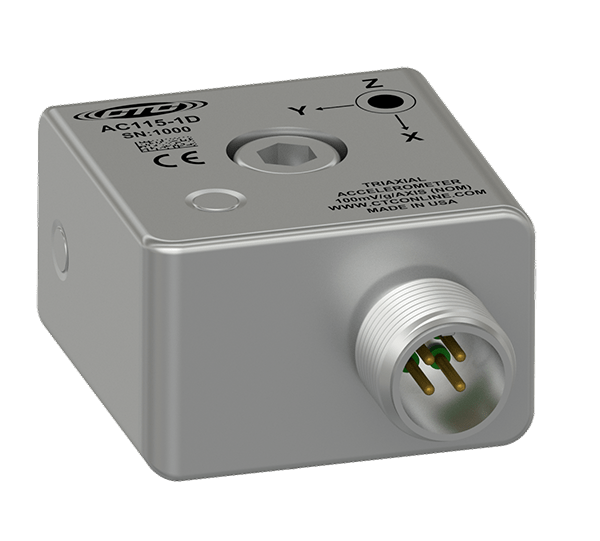 A render of CTC's AC115 triaxial accelerometer with side exit connector