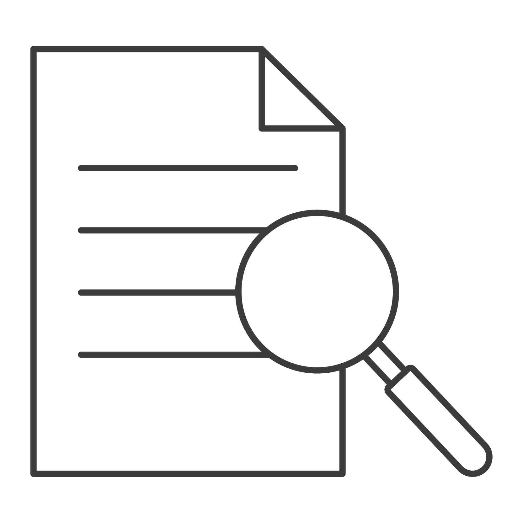 a black line drawing a paper and magnifying glass.