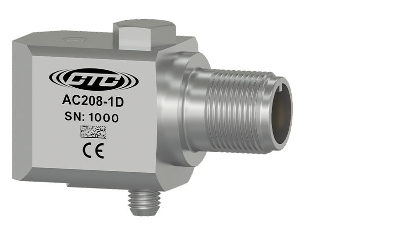 A render of CTC's AC208 standard size, side exit, high temperature resistant accelerometer