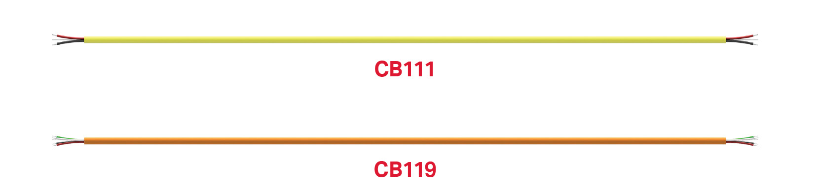 yellow FEP jacketed cable and orange FEP jacketed cabled, with exposed conductor wires at either end