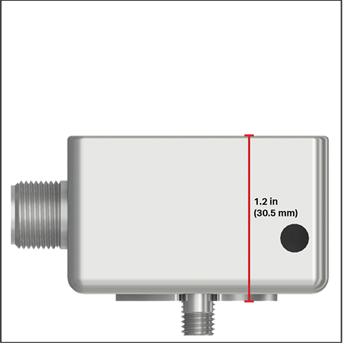 A CTC large-size, side exit triaxial accelerometer with a red measurement line showing a height of 1.45 inches (36.8 millimeters)