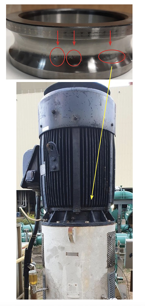 photos showing defects in the Inner Race Bearing and the blue industrialmotor