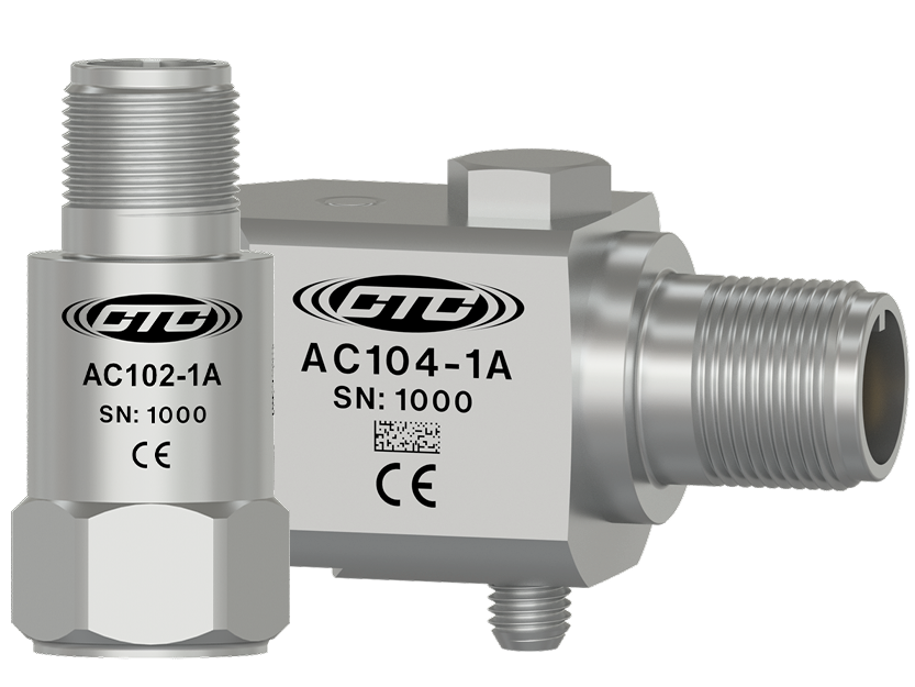 A render of a CTC AC102 standard top exit accelerometer and AC104 standard size side exit accelerometer