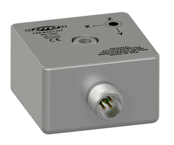 A render of a CTC TXEA331-HT triaxial accelerometer.