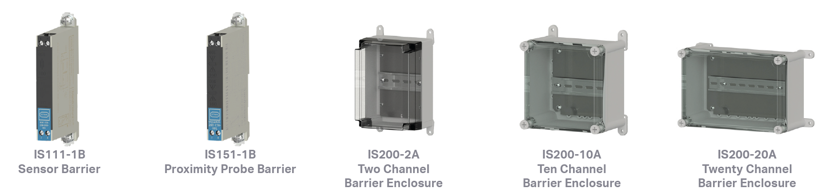 views of a sensor barrier, a proximity probe barrier, and three sizes of barrier enclosures
