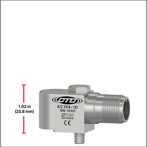 AC194-1C compact size side exit accelerometer with a height dimension of 1.02 inches shown.