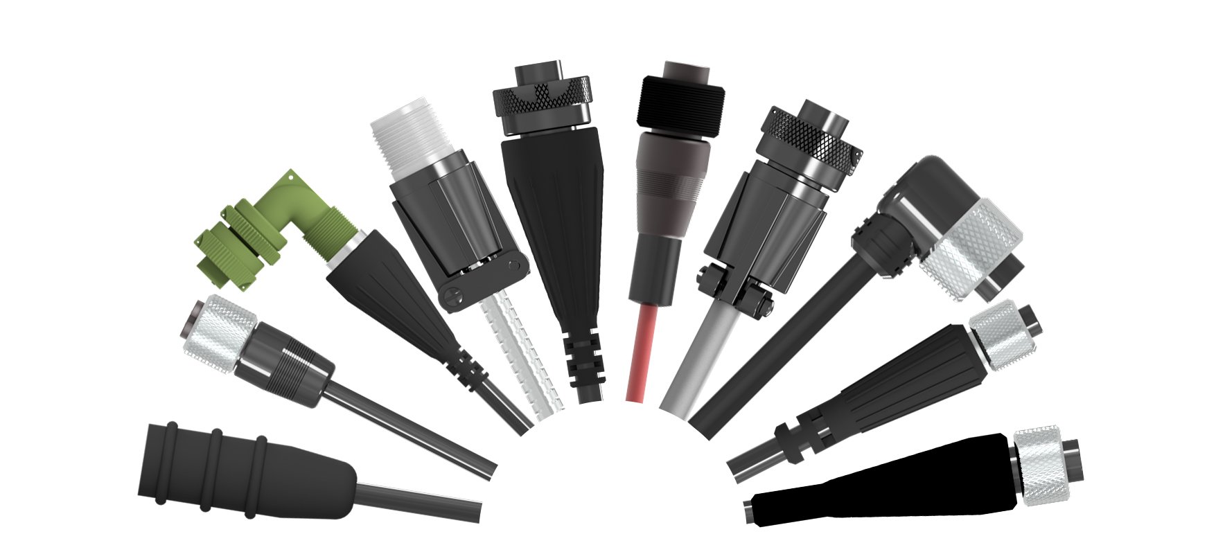 A variety of CTC connectors attached to various CTC Cables fanned out in a half-circle shape.