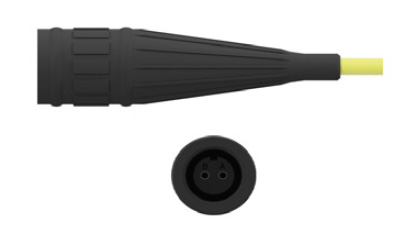 side and front view of CTC's V2R black Viton Boot with molded PPS insert on a yellow cable