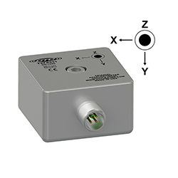 TXFA331 side exit triaxial accelerometer with CTC logo and cartesian coordinate label, made of stainless steel