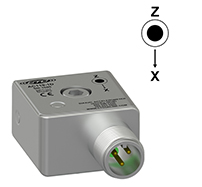 A render of CTC's AC119 biaxial accelerometer with Z and X axis labels