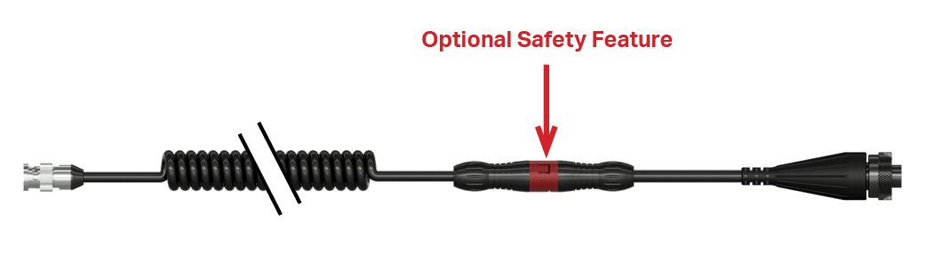 A render of a CTC CB104 coiled cable with a F connector, breakaway safety feature connector, and D2C connector