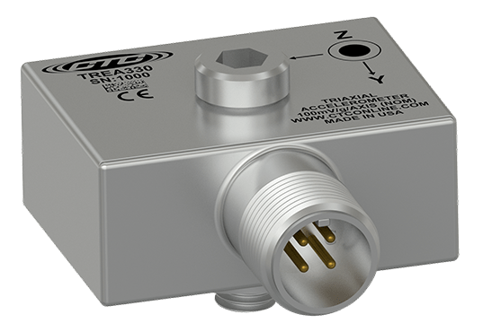 A render of CTC TREA330 miniature side exit triaxial accelerometer.