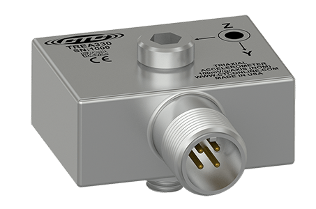 A render of a CTC TREA330 miniature size triaxial accelerometer.
