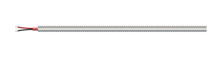 A segment of a CB602 stainless steel armor jacketed cable with two conductor wires (red, black) and a drain wire showing on the left side of the cable.