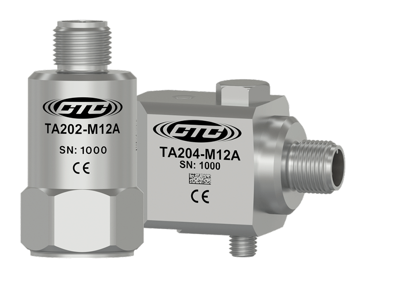 A render of CTC's TA202-M12 top exit M12 sensor and TA204-M12 side exit sensor