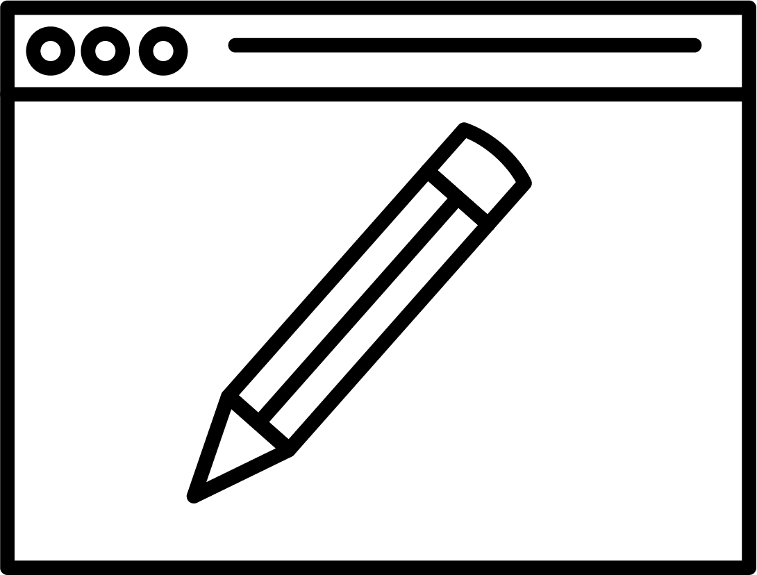 black and white line drawing of a computer browser window and pencil