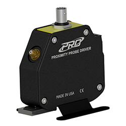 A render of a CTC PRO Line proximity probe driver with a yellow faceplate
