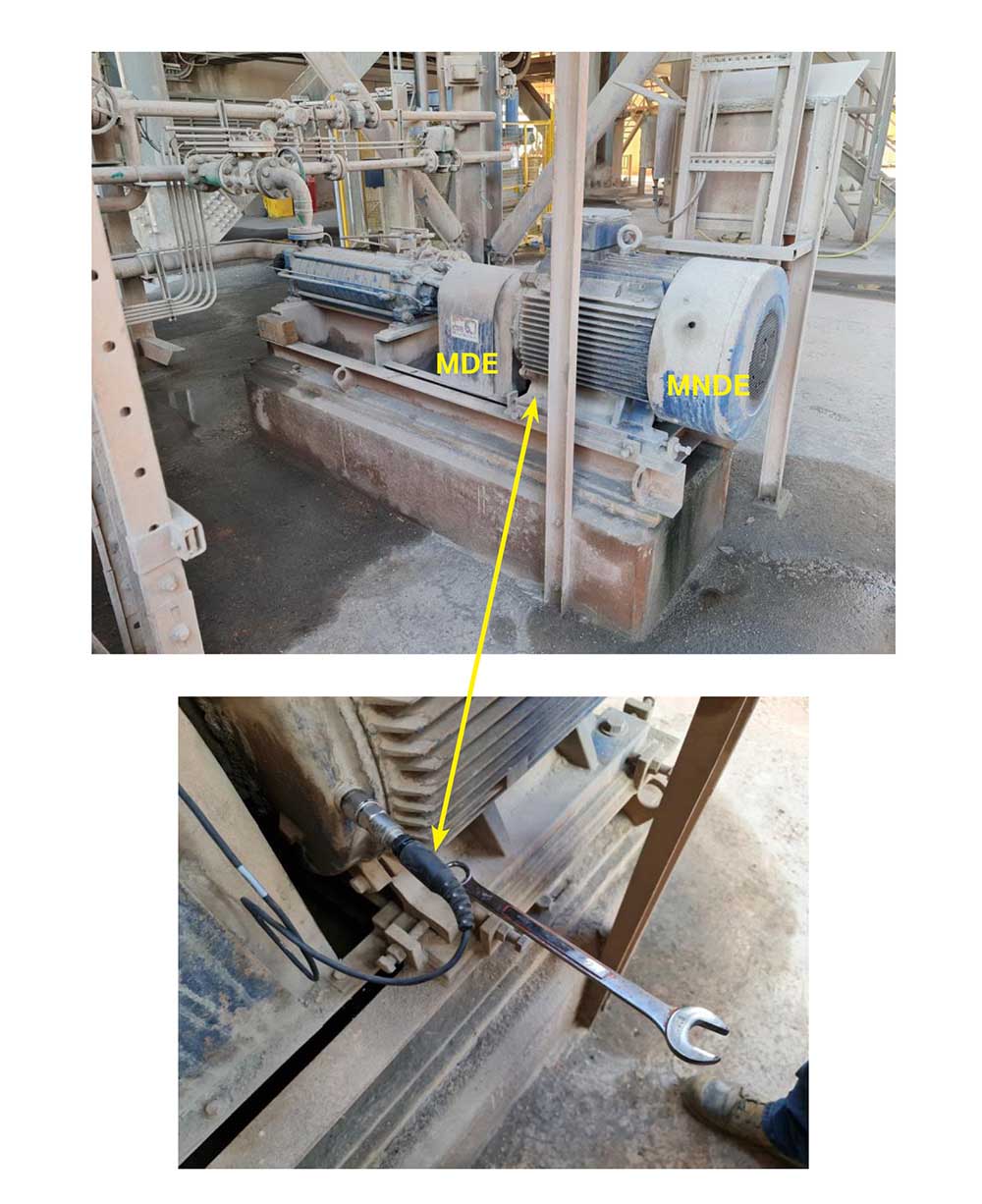 A dirt-covered large industrial motor with the Machine Drive End and Machine Non Drive Ends labeled, with a close up of a mounted CTC AC292 industrial vibration sensor