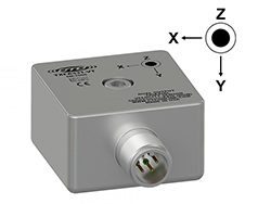 A render of CTC TXFA331 triaxial accelerometer with X, Y, and Z axis labels