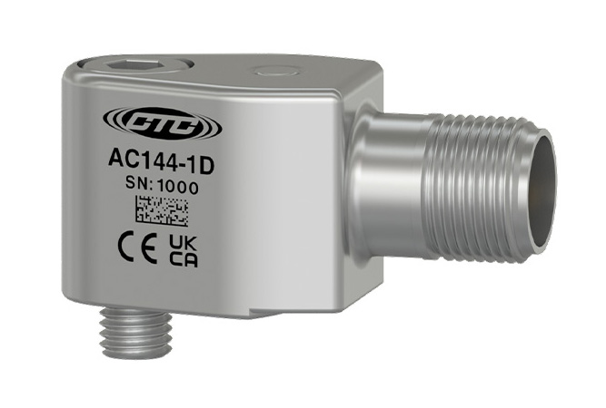 A stainless steel, side exit, miniature sized AC140-1D condition monitoring sensor with CE and UKCA certification engravings