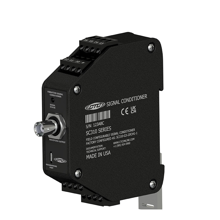 A black SC310 Series signal conditioner with stainless steel screws holding case together at four corners, and engraved with the CTC line logo, part number, and other product information.